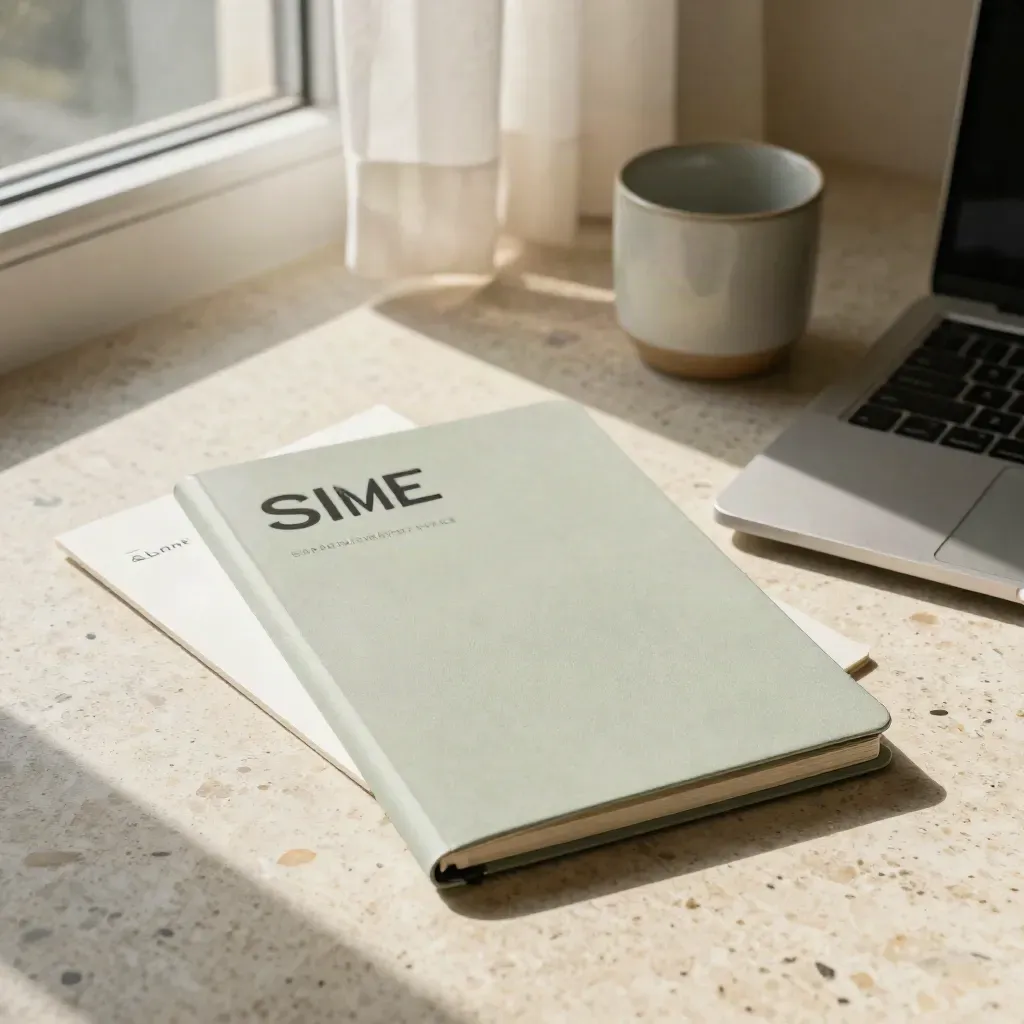 Eco strategy pack folio, notebook, laptop and cup on sunlit travertine with curtain sway