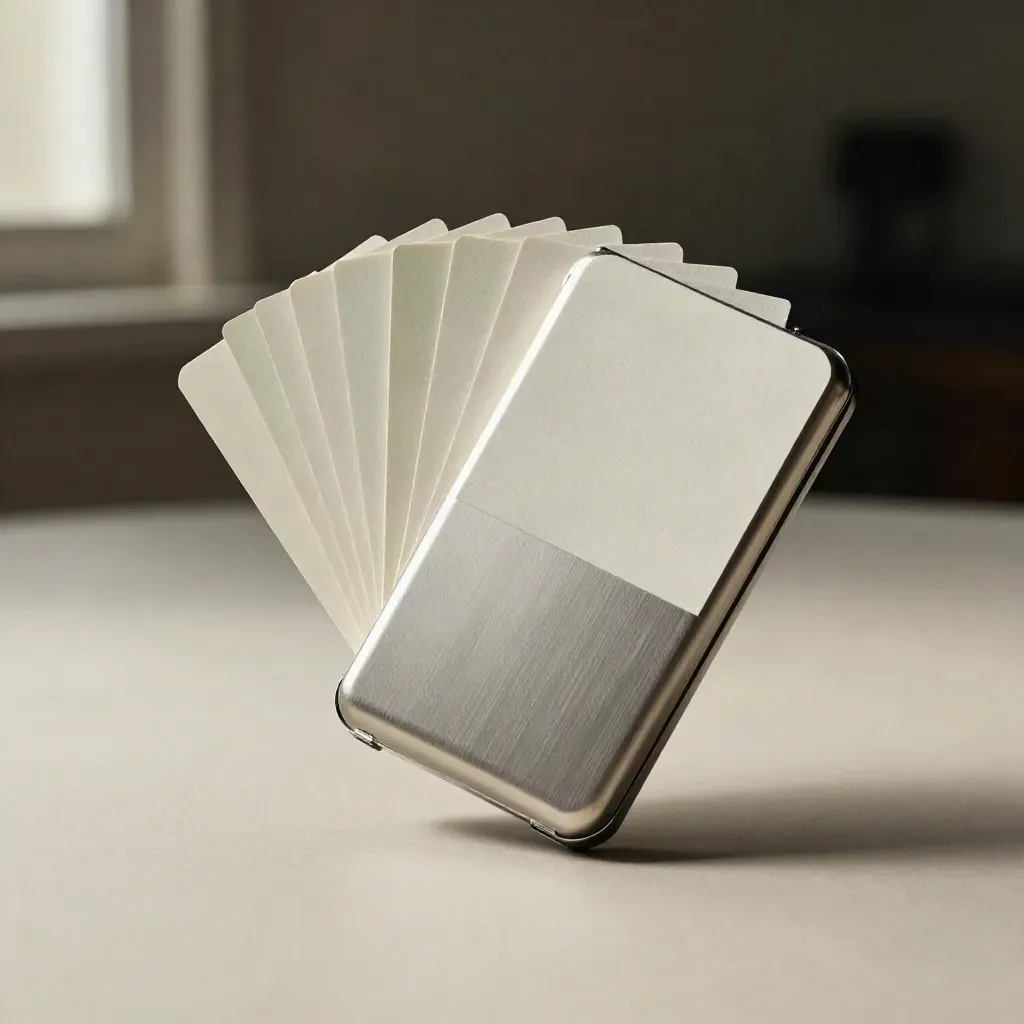 Floating carbon audit kit: brushed-metal case, blank tab cards, folded sleeve against an ivory field.