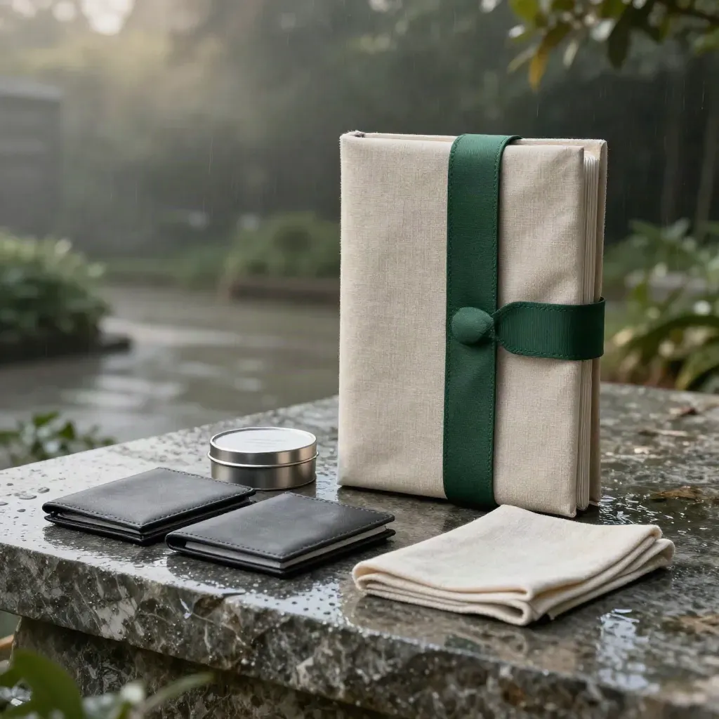 Linen carbon-audit starter folio with wallets, sample tin and cloth on wet limestone at dawn.
