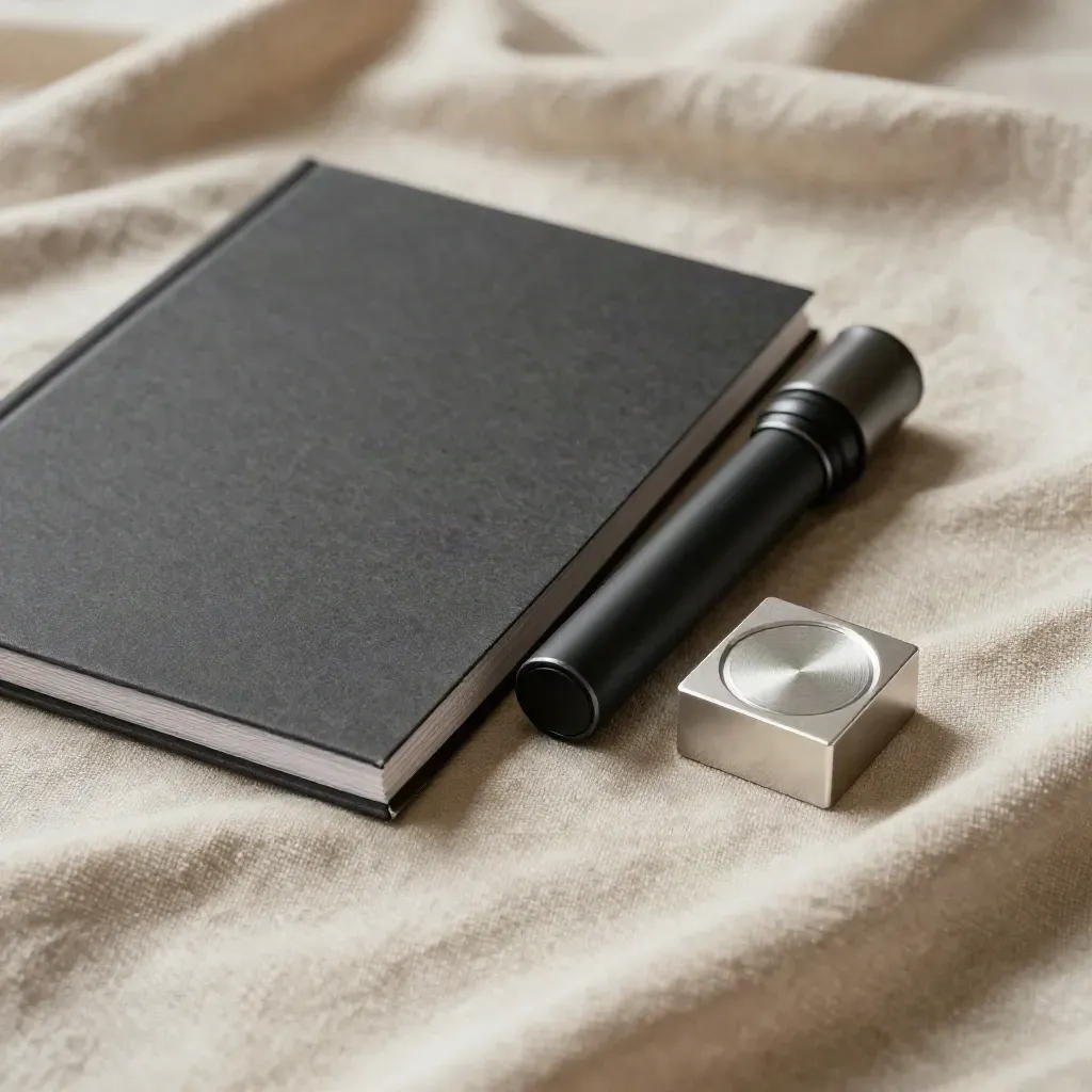 Energy-check kit half-buried in flax fabric with torch, folio and aluminium cube.