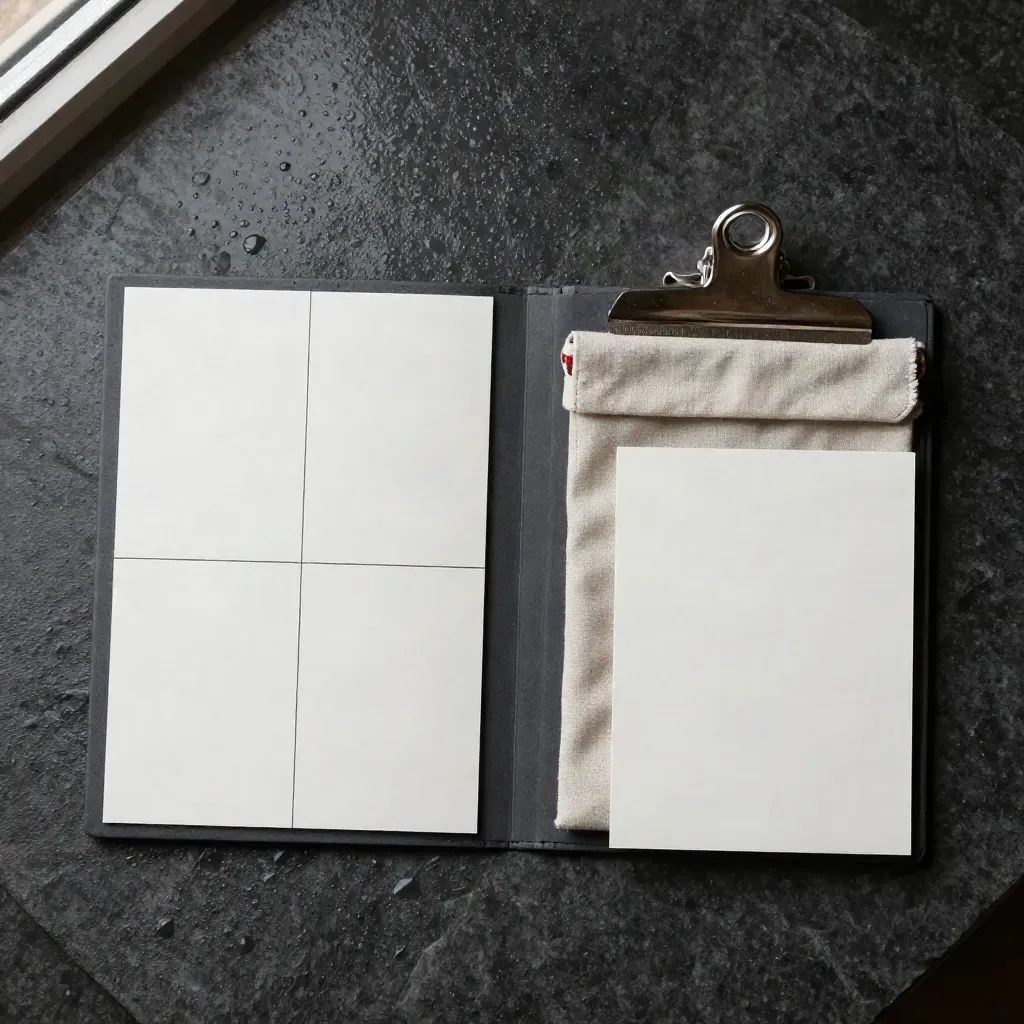 Overhead ESG report kit on wet stone with folder, blank dividers, metal clip, linen pouch.