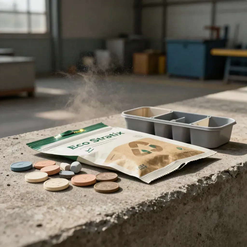 Waste-cut plan packet with recycling tokens and cardboard sleeves beside a small bin on concrete ledge.