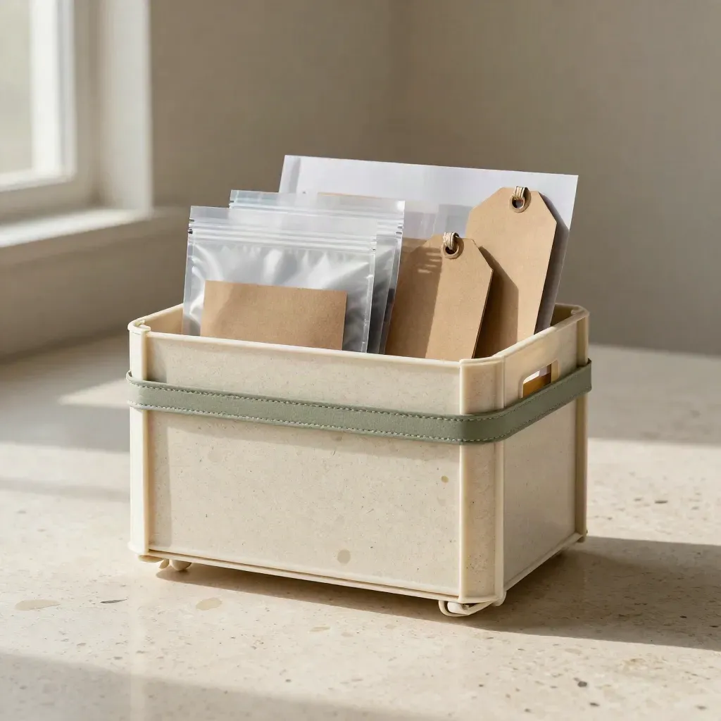 Floating eco supply-chain folio with sample pouches and shipping tags in a studio hero shot.