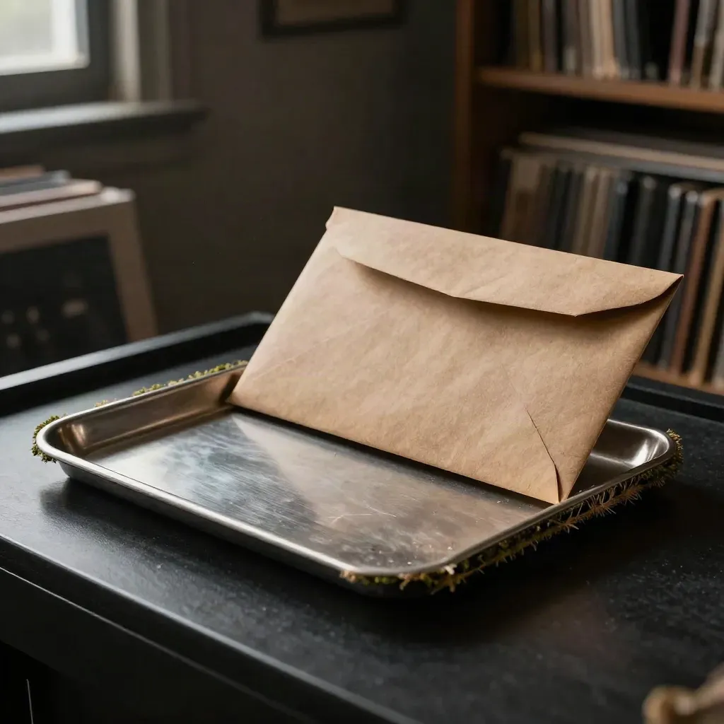 Dark hero shot of a compliance-start pack in a recycled sleeve with tray and kraft envelopes