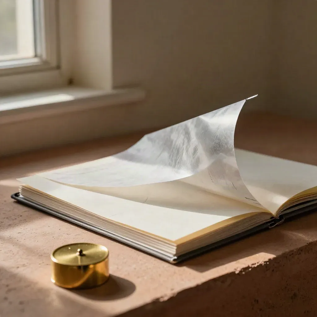 Macro tracing-paper quarterly review folio with graphite sleeve and brass paperweight on terracotta.