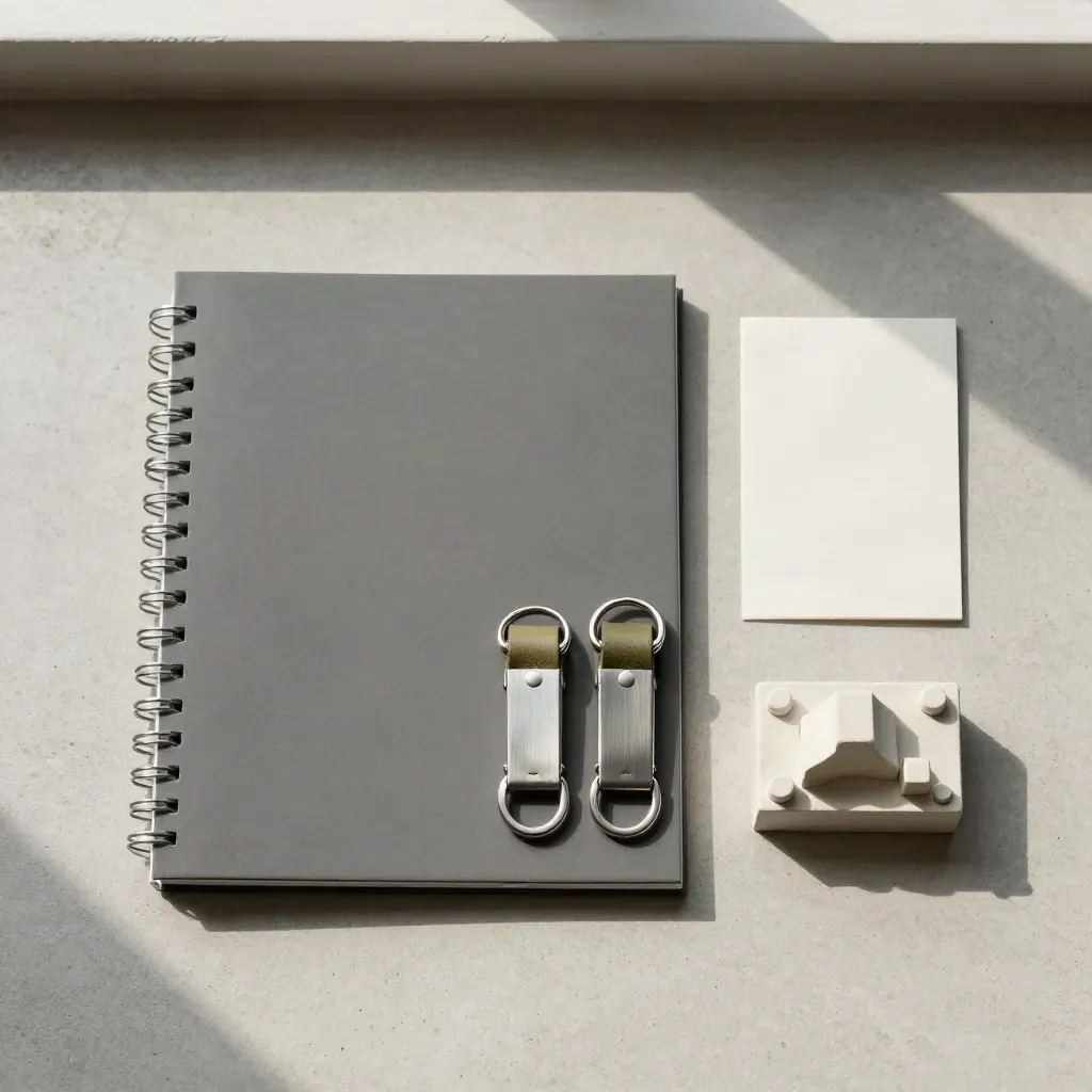 Top-down flatlay of a property manager pack with binder, key fobs, and building block on concrete.