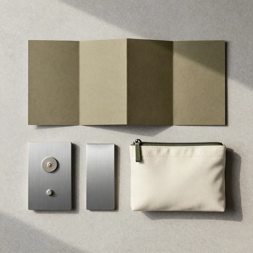 Overhead flatlay of a site-plan folio, bin tokens, and utility pouch on pale concrete.