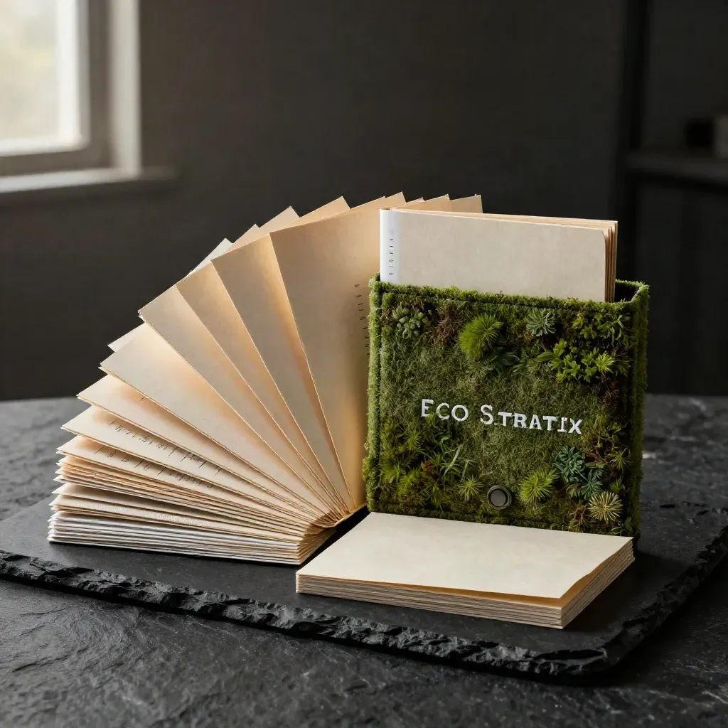 Moss-cloth sustainability roadmap bundle with recycled folders and metric cards on dark stone.