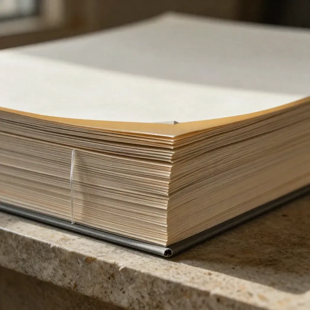 Pale board folio with stacked KPI sheets, graphite clip, and lifted divider on limestone.
