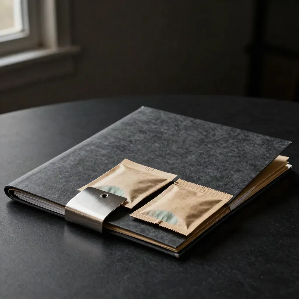 Dramatic supplier review folder with sample sachets and a metal tag on matte black