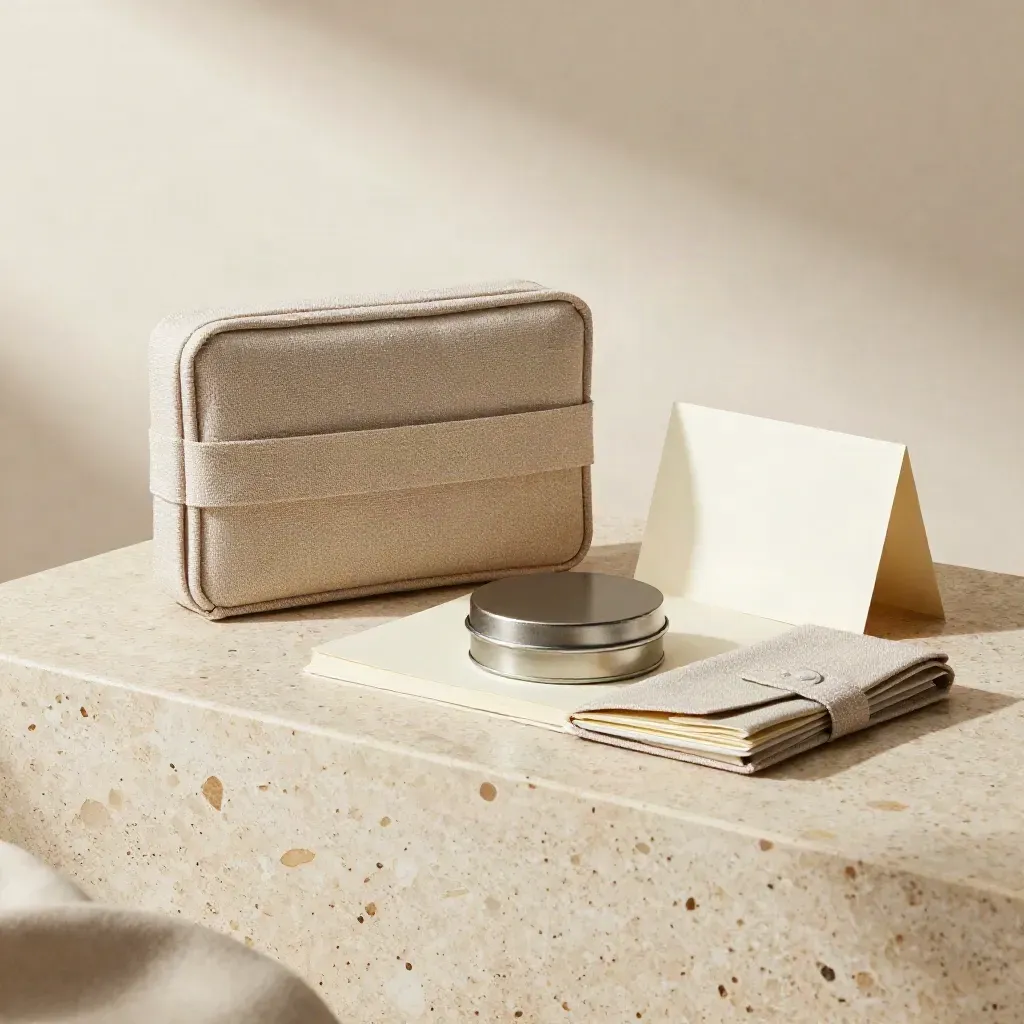 Carbon scan kit in linen case with notebook, sample tin, and folded sleeve on travertine.
