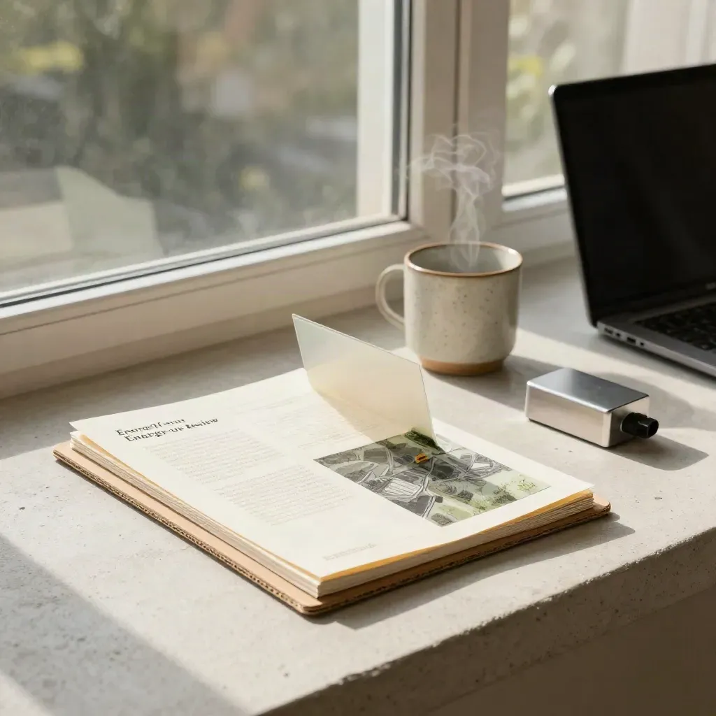 Energy review folio beside a laptop, mug, and metal power puck on a concrete ledge