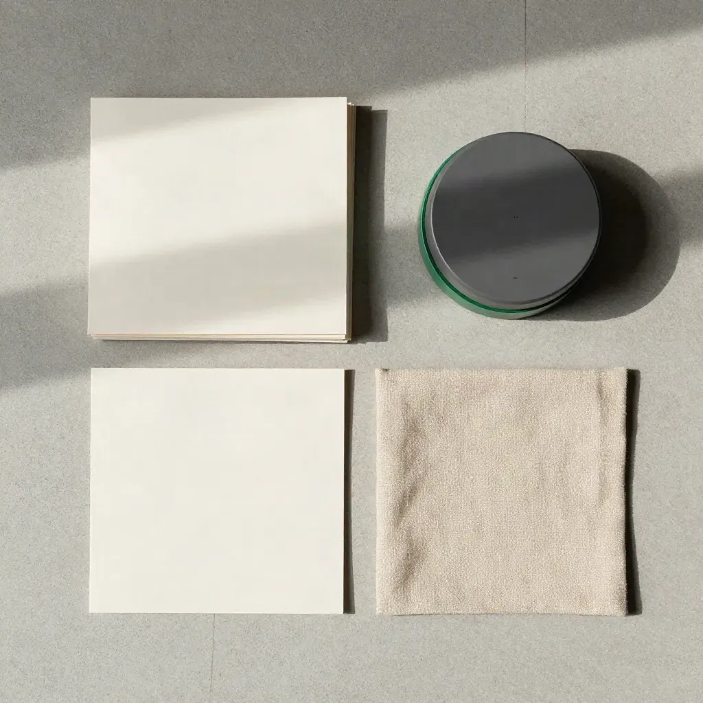 Overhead flatlay of a review packet, folded card, timer puck and linen cloth on pale concrete.