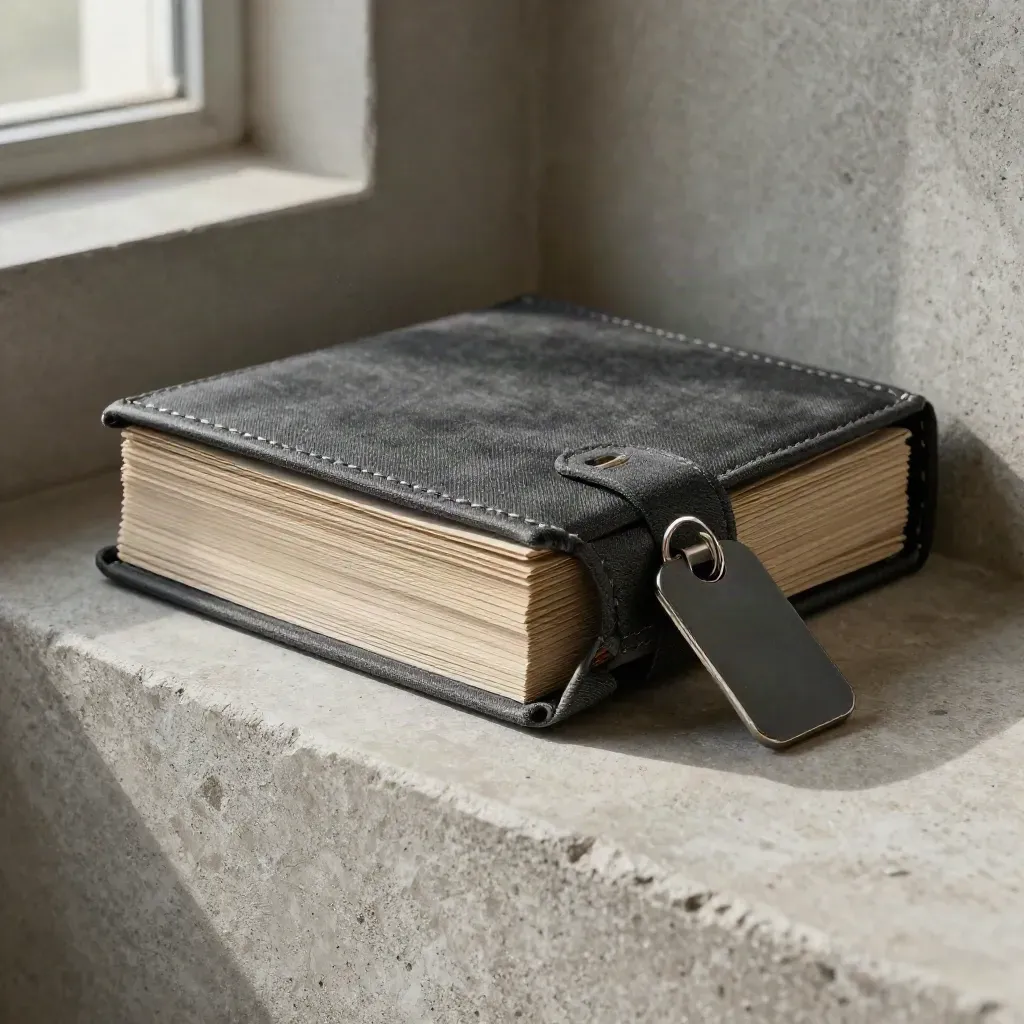 Macro of a charcoal linen folio in stone with a matte key tag and folded sleeves.