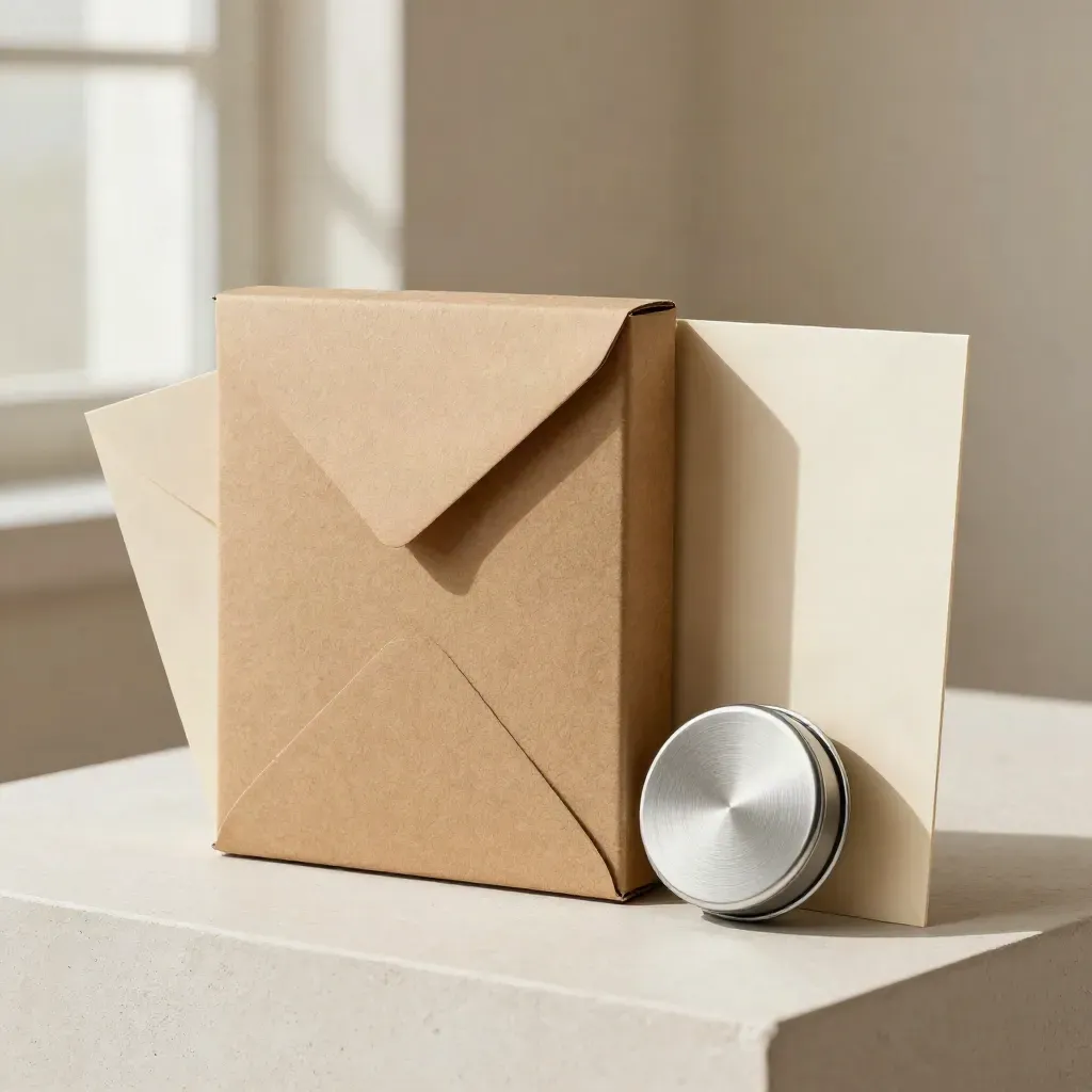 Recycled compliance pack box with envelope sleeves and a metal seal tin on an off-white stage.