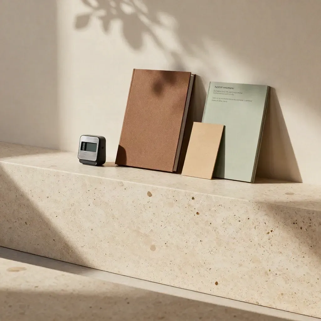 Sunlit travertine ledge with carbon audit folders, sage shadow, and soft plaster wall.
