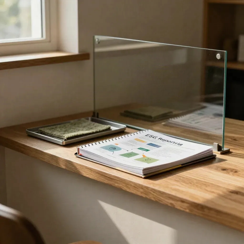 Sunlit ESG reporting office still life with binders, oak shelving and muted moss accents