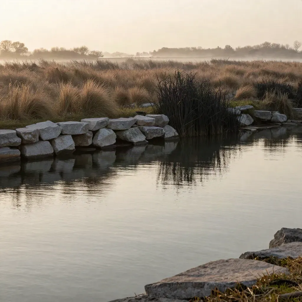 Reed-lined canal edge at dawn with rippled water, mist, pale stone, and clipped grasses