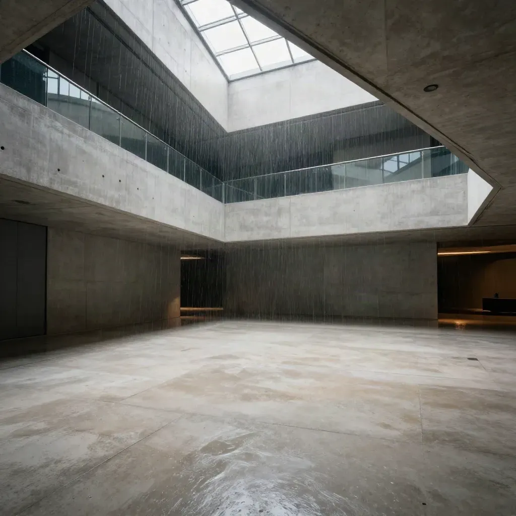 Sunlit concrete-and-steel atrium with a skylight band and wet reflective floor